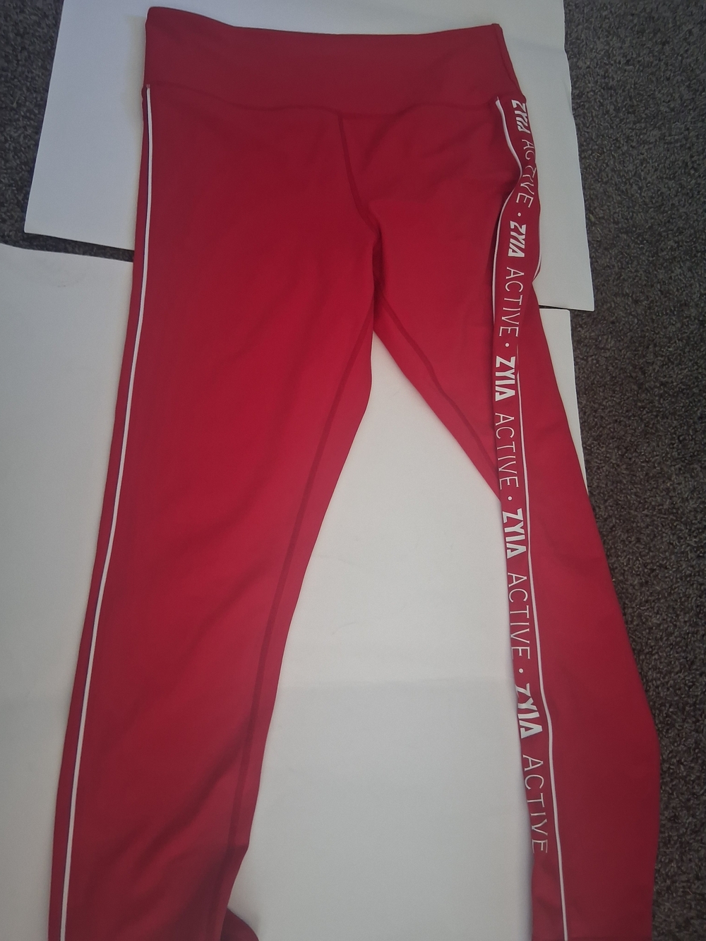 ZYIA Red Leggings with White Side Stripe and Logo Tape Accent